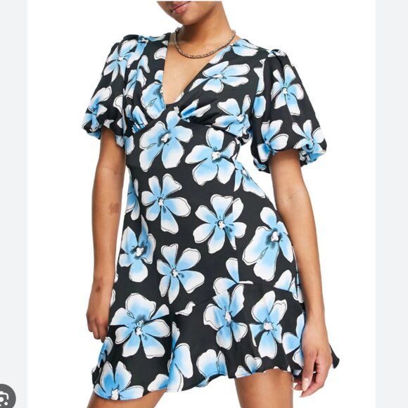 TopShop Black Blue Floral Puff Sleeve Open Back Mini Dress Size 8 - Picture 1 of 11